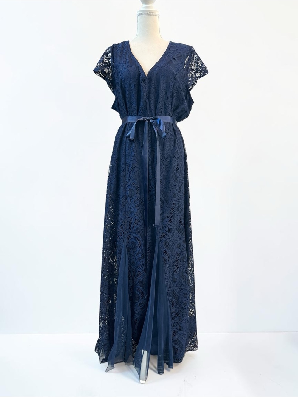 Navy Blue Lace V-Neck Maxi Evening Gown Dress with Satin Waist Tie 22/24 - Picture 9 of 10